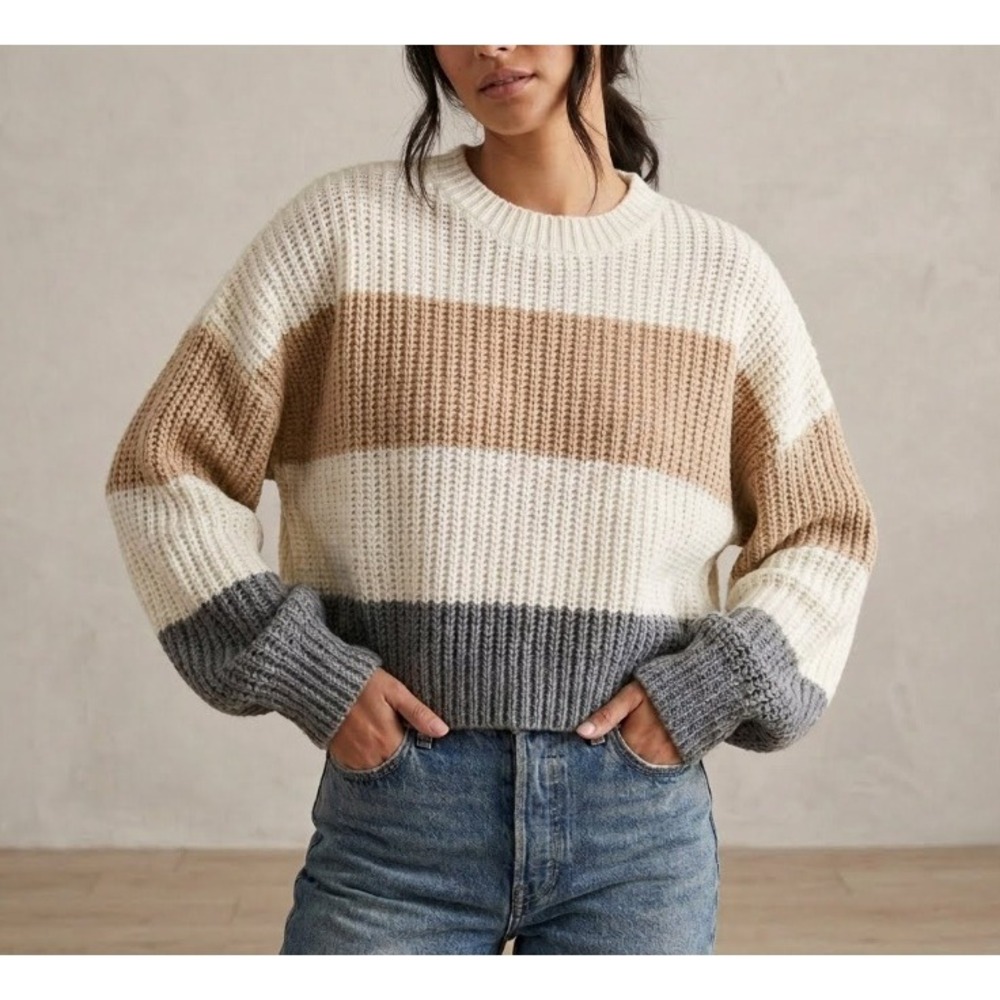 Moon & Madison Sweater Small Colorblock Boho Neutral Striped Knit Pullover